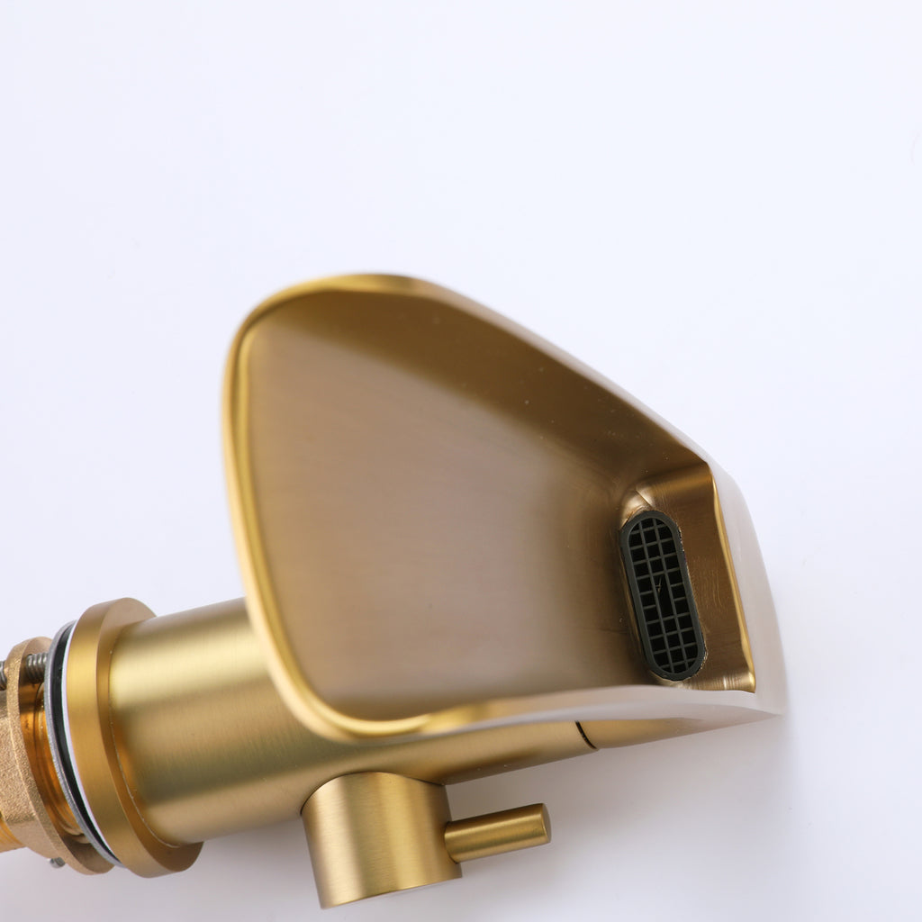 Deck-Mounted Roman Tub Faucet with Waterfall Spout and Handheld Shower