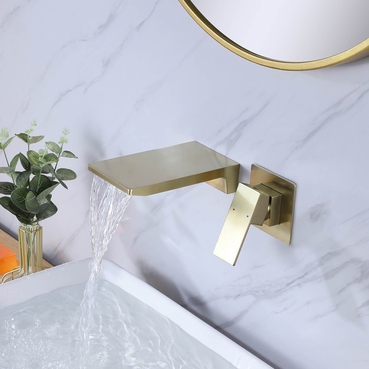 Brushed Gold Wall-Mounted Waterfall Sink Faucet