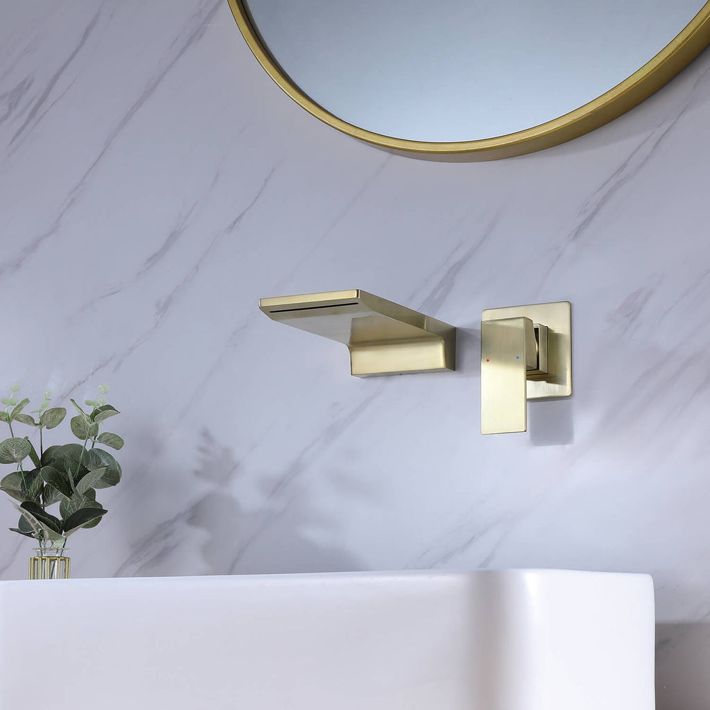 Brushed Gold Wall-Mounted Waterfall Sink Faucet