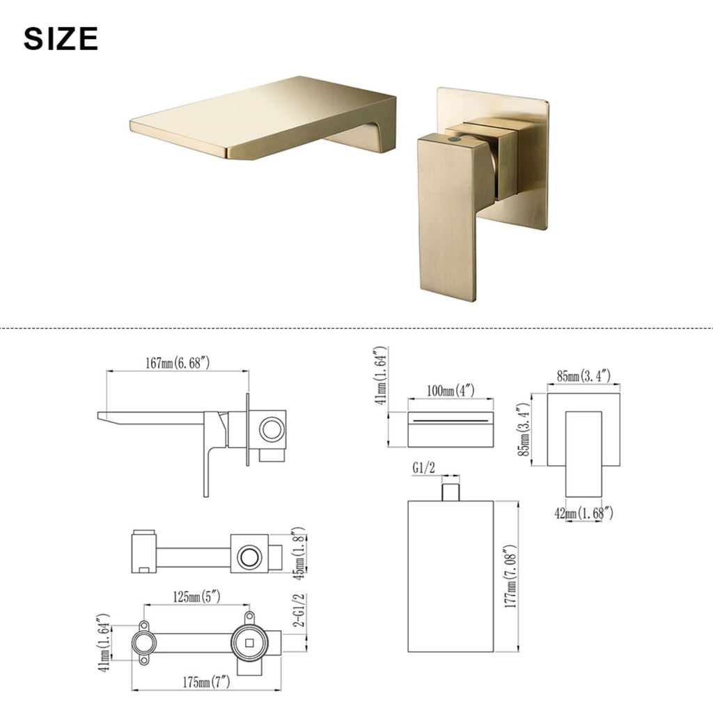 Brushed Gold Wall-Mounted Waterfall Sink Faucet