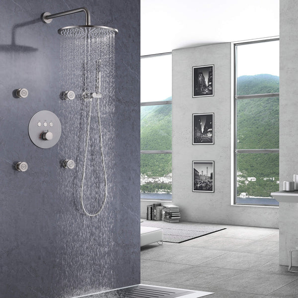 Thermostatic Shower System with 12 Rain Shower Head wand 4pcs Body J Rbrohant