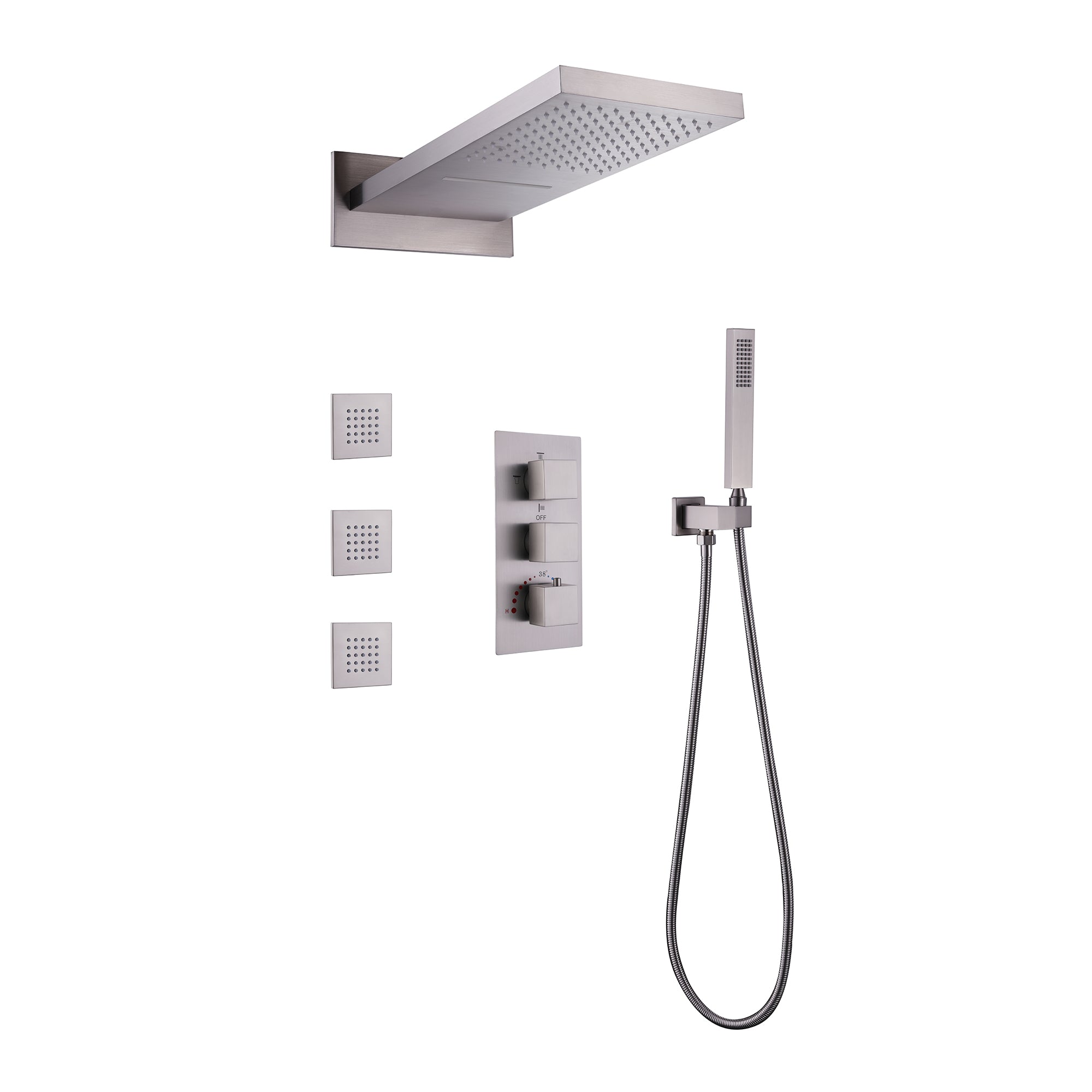Brushed Nickel Thermostatic Shower System with 3 Body Jets Spray