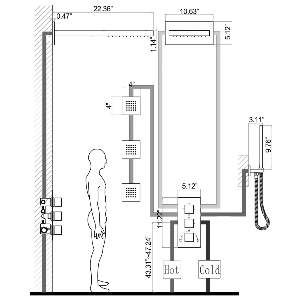 Brushed Nickel Thermostatic Shower System with 3 Body Jets Spray