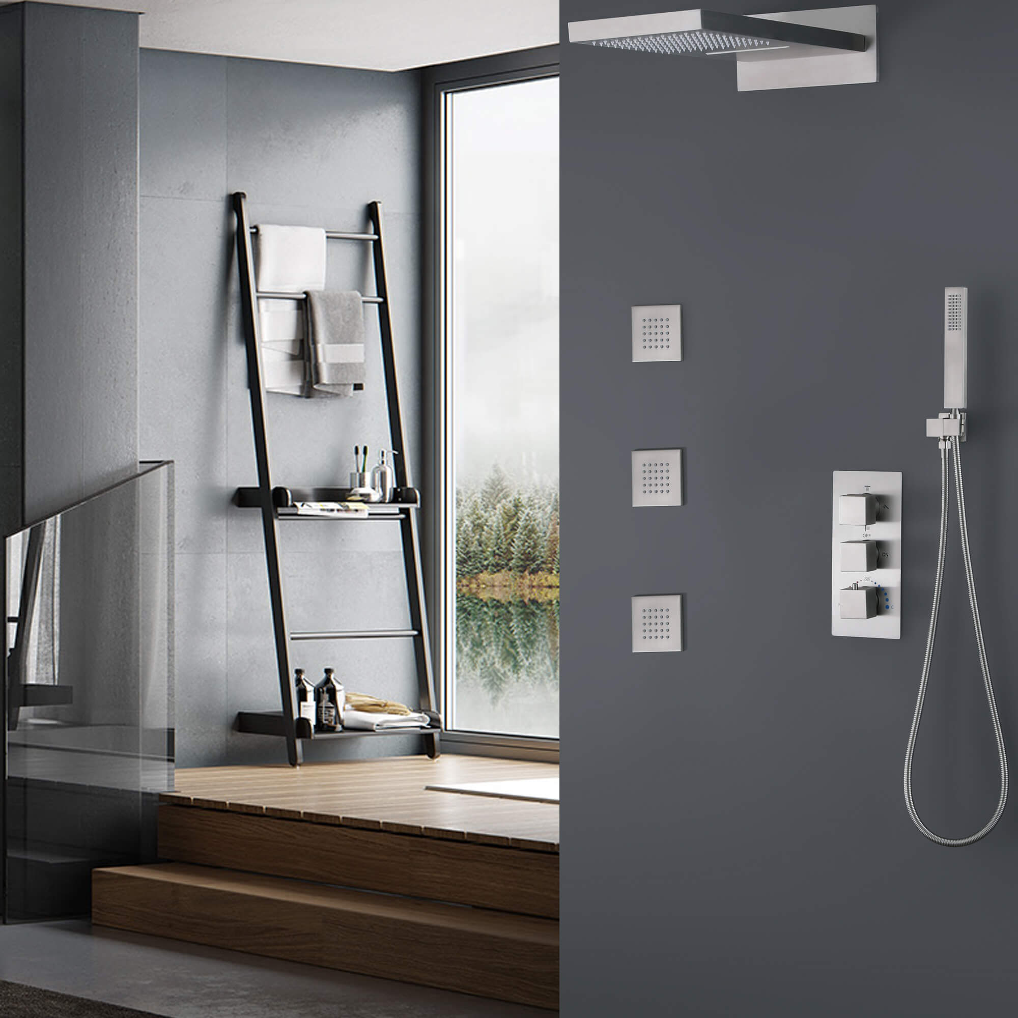 Brushed Nickel Thermostatic Shower System with 3 Body Jets Spray