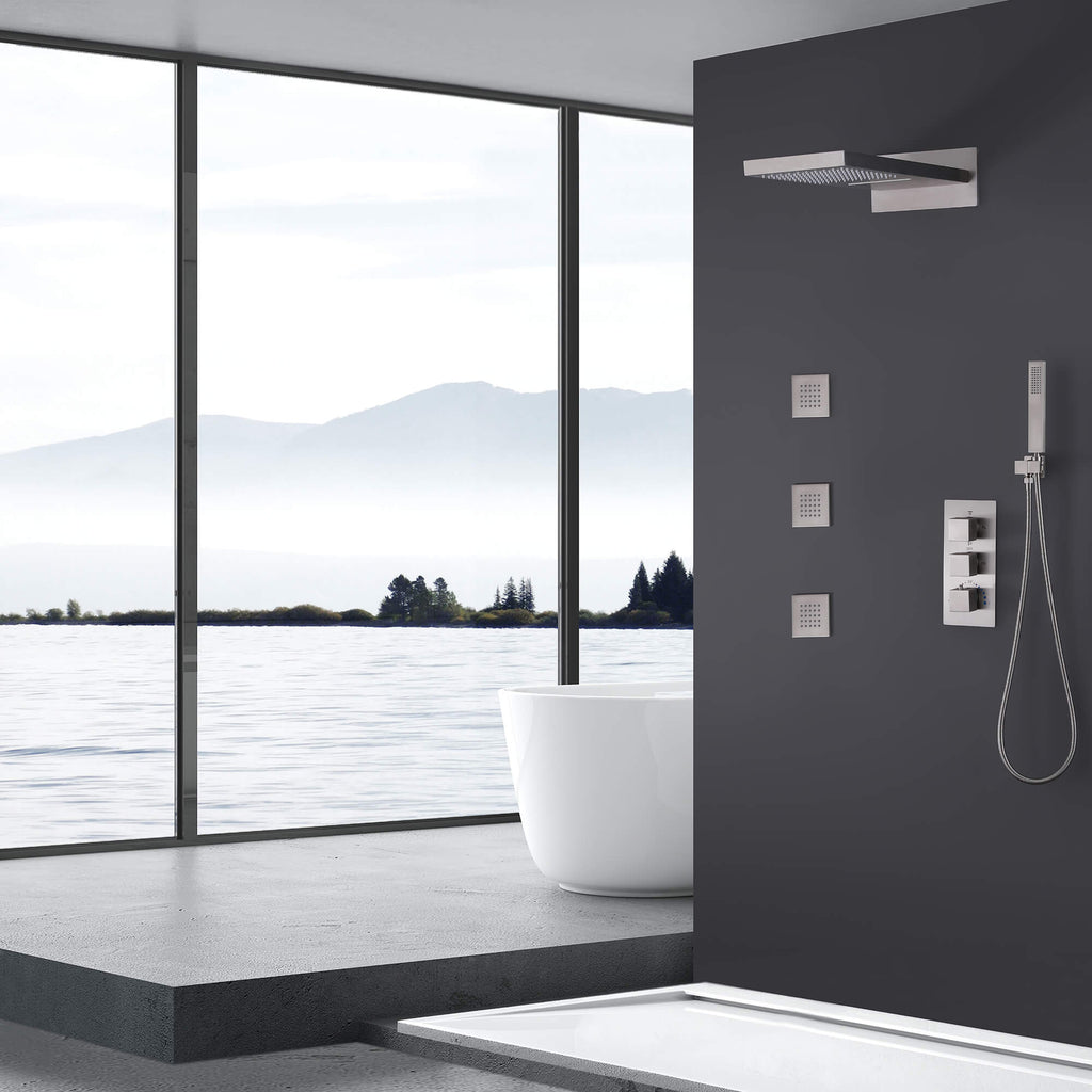 Brushed Nickel Thermostatic Shower System with 3 Body Jets Spray