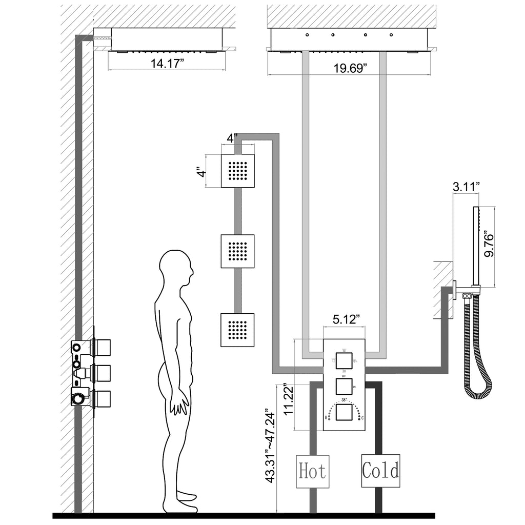 High-End Thermostatic Shower System with LED Waterfall Rainfall Shower Head