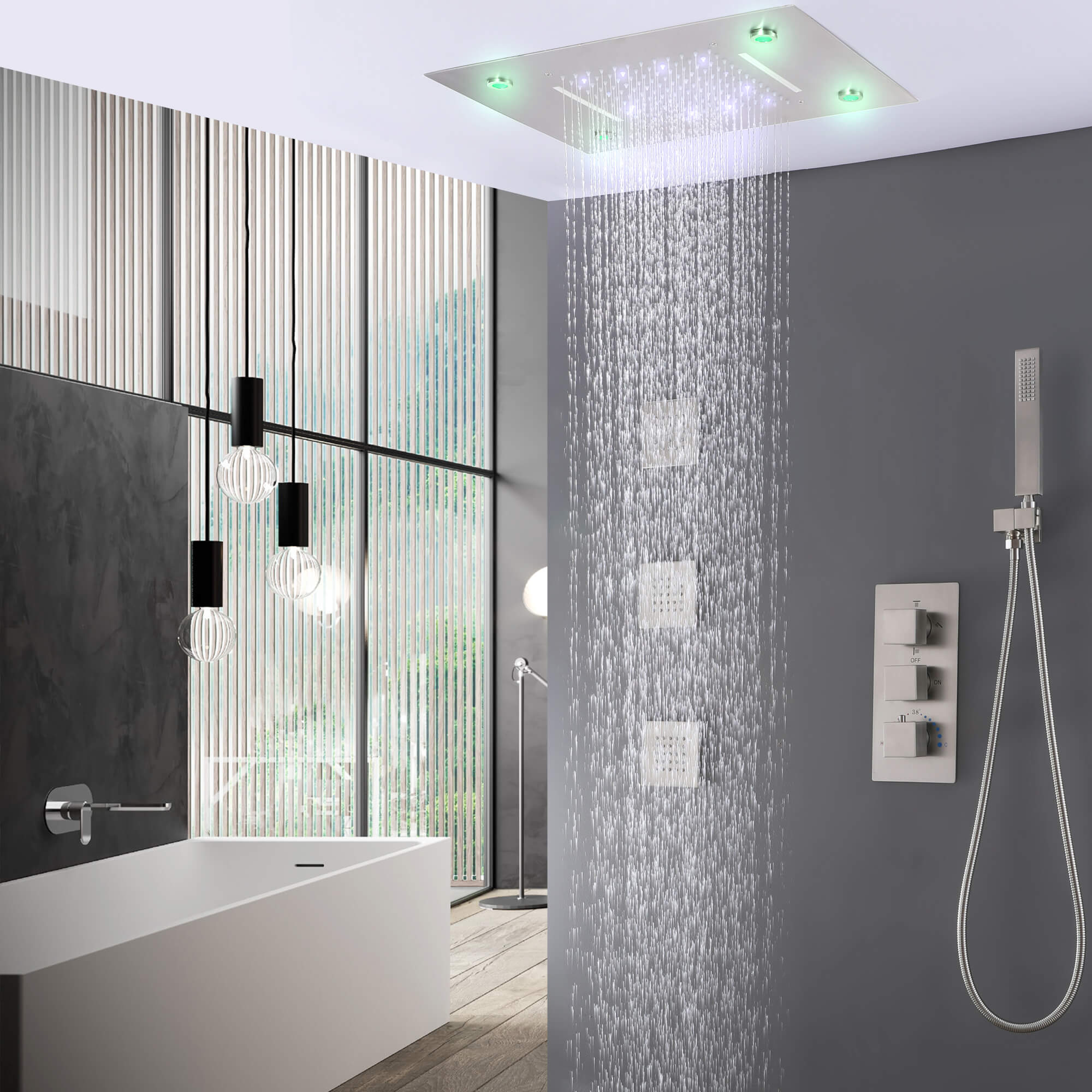High-End Thermostatic Shower System with LED Waterfall Rainfall Shower Head