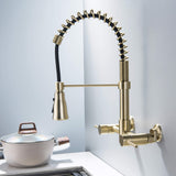 Wall Mount Pull Down Two Handle Kitchen Sink Faucet Brushed Gold RB1157