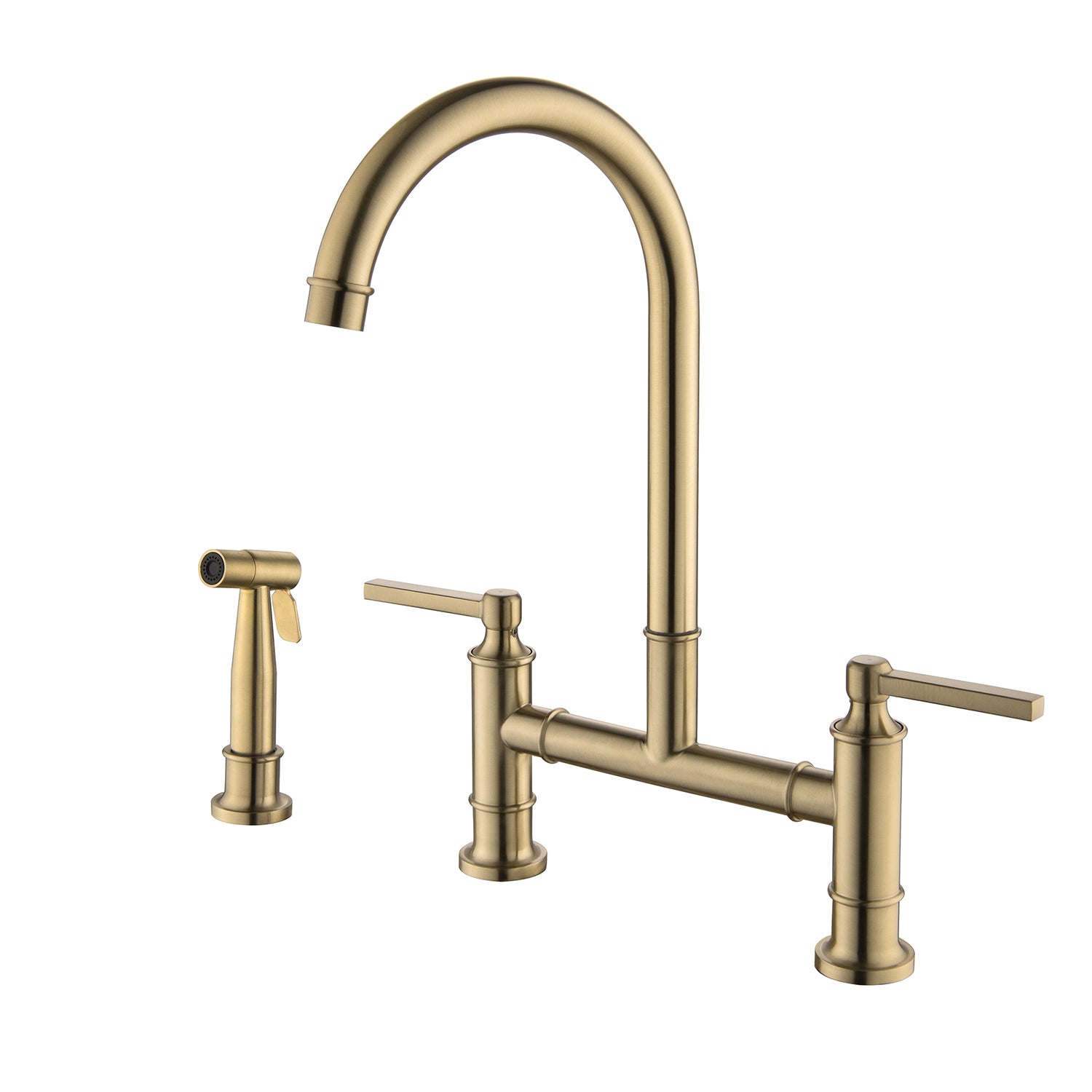 Bridge Kitchen Faucet with Pull Out Sprayer 360° Swivel Dual Handles Brass Construction
