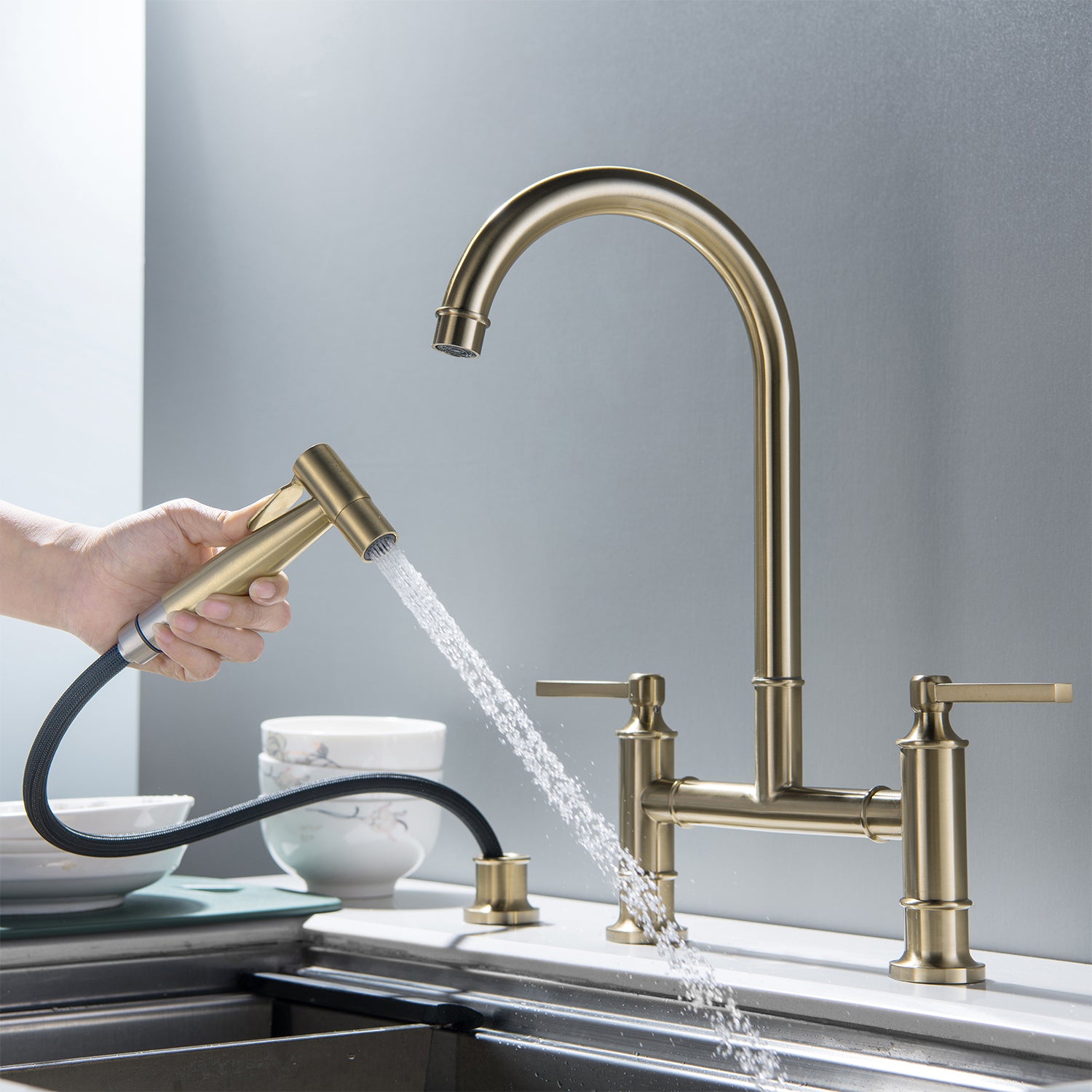 Bridge Kitchen Faucet with Pull Out Sprayer 360° Swivel Dual Handles Brass Construction
