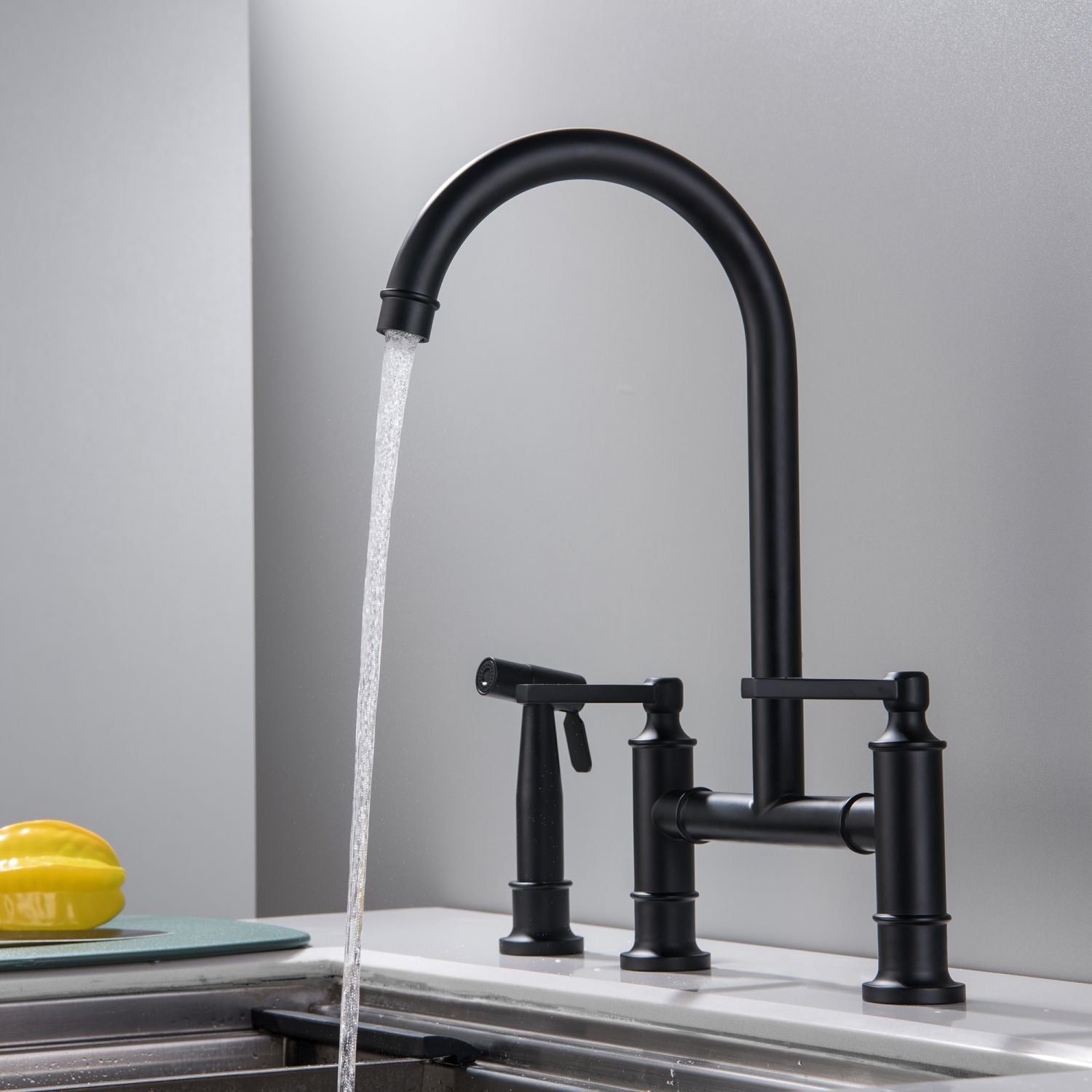 Bridge Kitchen Faucet with Side Sprayer 360 Swivel High Arc Dual Handles