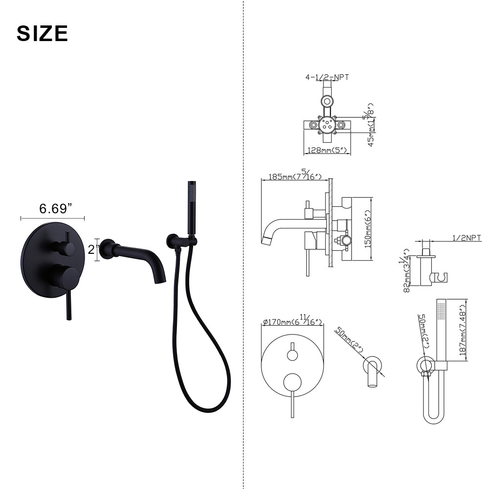 Wall-Mounted Tub Filler with Integrated Handheld Shower