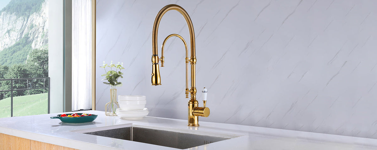 Kitchen Sink Faucet with Porcelain Handle in Polished Gold