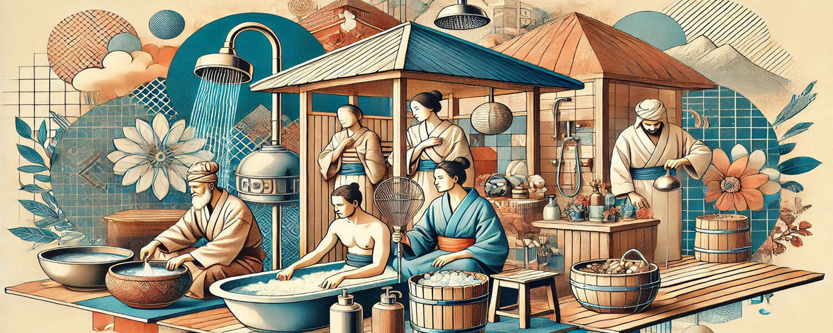 Artistic collage of global bathing styles including Japanese, Finnish, and Moroccan