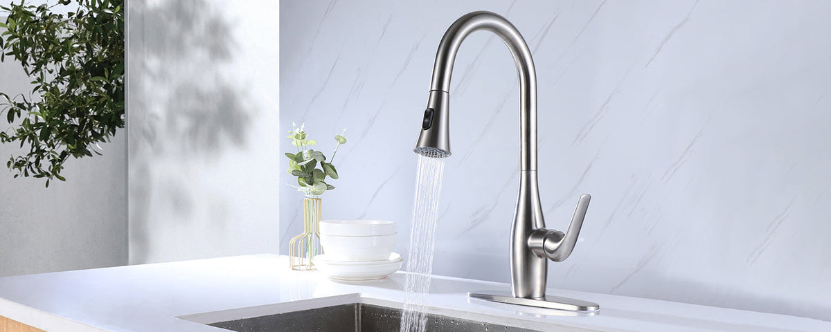 Single Handle Brushed Nickel Pull Out Kitchen Faucet.
