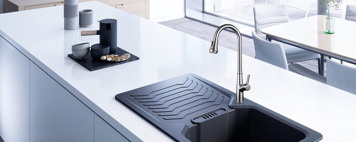 High Arc Brushed Nickel Pull Out Kitchen Faucet.