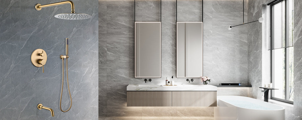 Gold shower faucet with tub spout