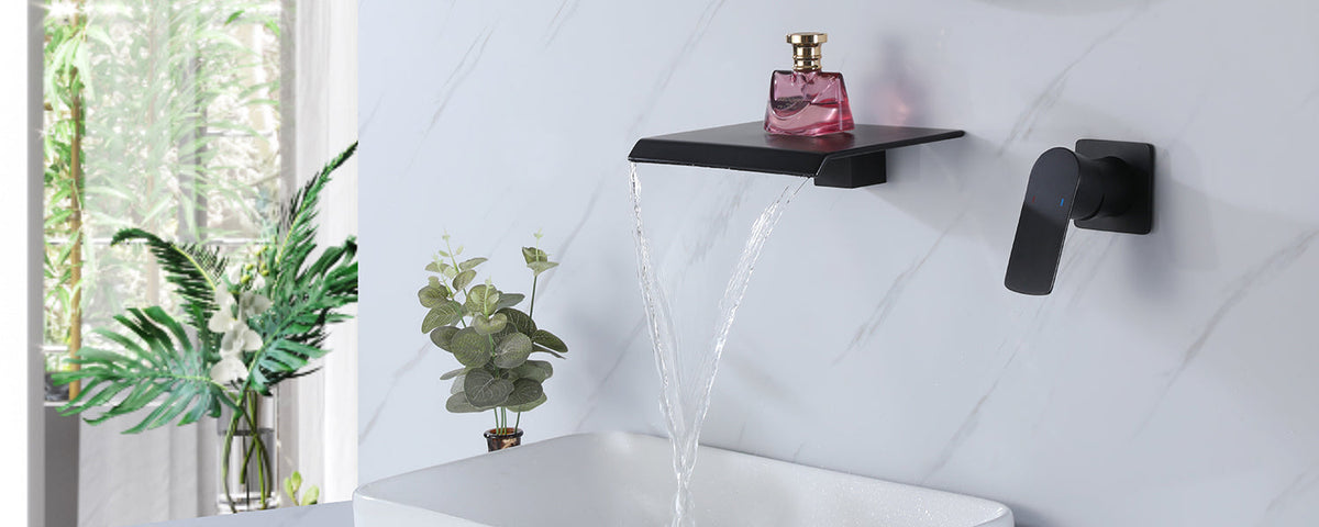 Waterfall Bathroom Wall Mount Faucet with Shelf Black.
