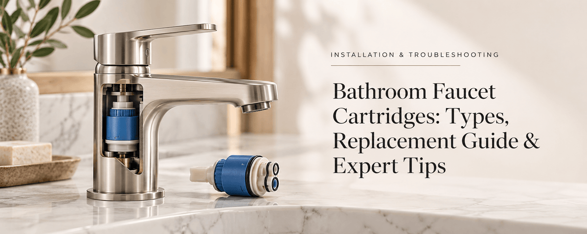 Bathroom faucet cartridges replacement guide showing a modern faucet with ceramic cartridge and internal valve components