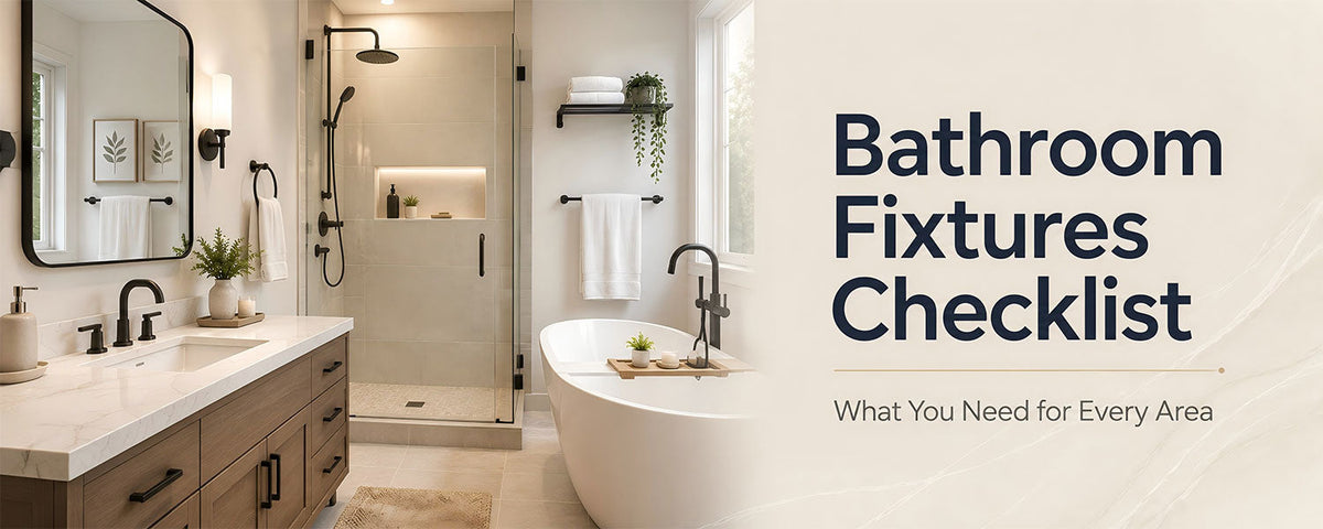 Complete bathroom fixtures checklist with sink, shower, bathtub, mirror, and towel hardware