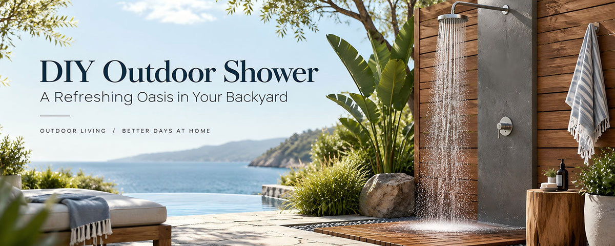 DIY outdoor shower creating a refreshing backyard oasis with modern shower fixture and natural garden surroundings