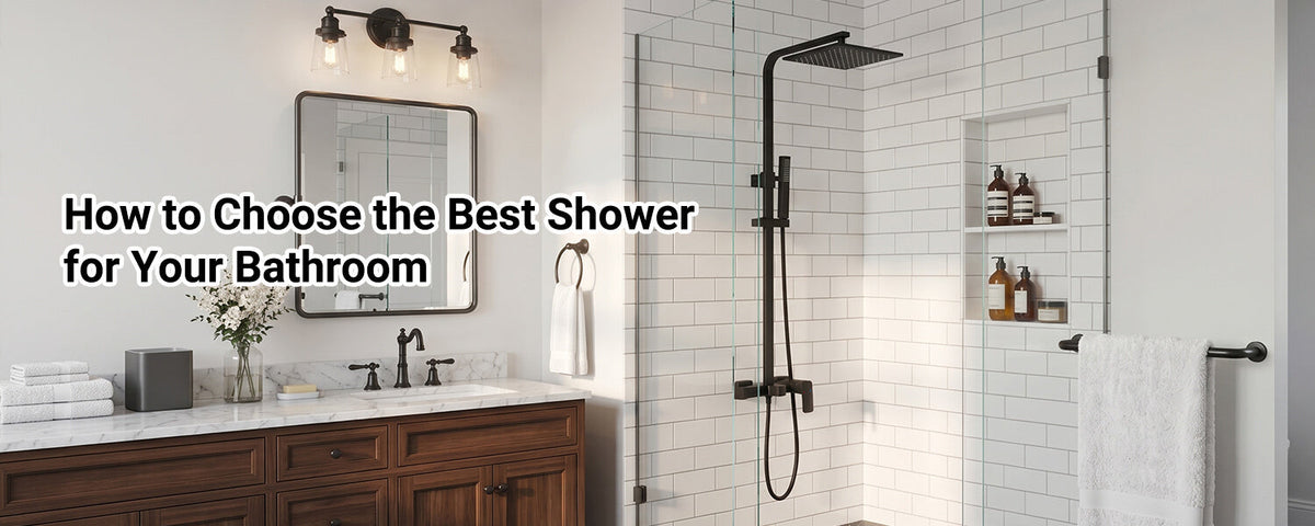Bathroom shower buying guide featuring a matte black rainfall shower system, glass enclosure, white subway tile, and vanity.