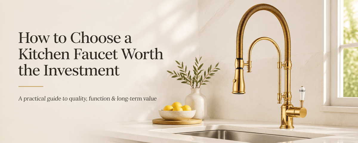 Blog cover for a kitchen faucet buying guide featuring a gold spring-coil kitchen faucet in a warm, modern kitchen.