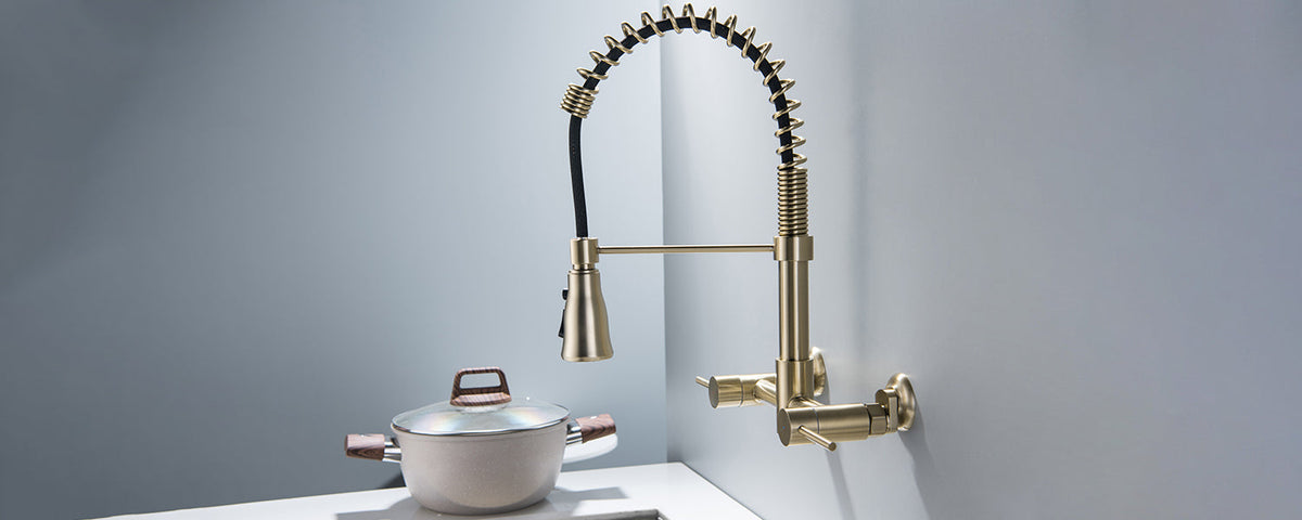 Wall Mount Pull Down Kitchen Faucet Brushed Gold