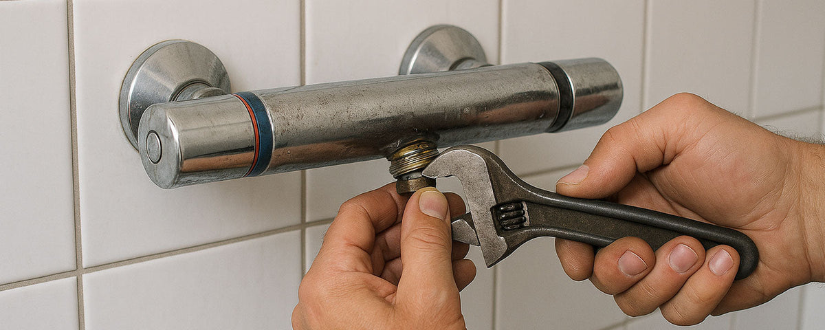 A plumber adjusting a thermostatic shower valve with a wrench in a tiled bathroom.