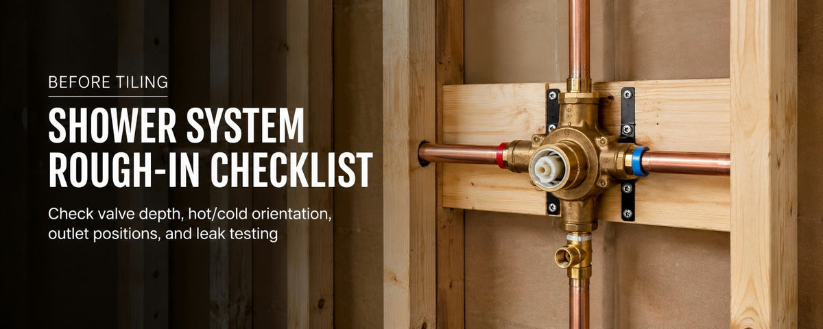 Shower system rough-in valve installed between wall studs before tiling, showing hot and cold water lines, outlet position, and leak testing checklist