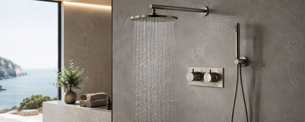 Thermostatic shower system with rainfall shower head, handheld shower and dual control valve