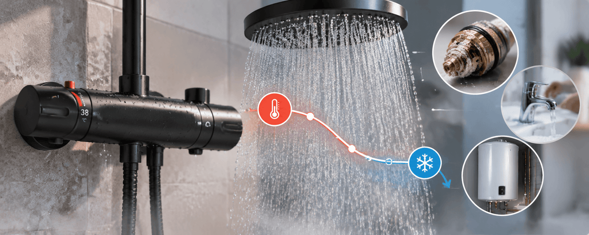 Thermostatic shower with fluctuating water temperature.