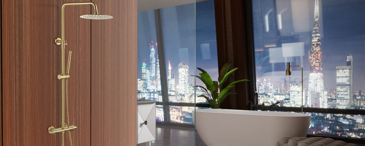 Exposed Gold Shower System with Thermostatic Shower Valve