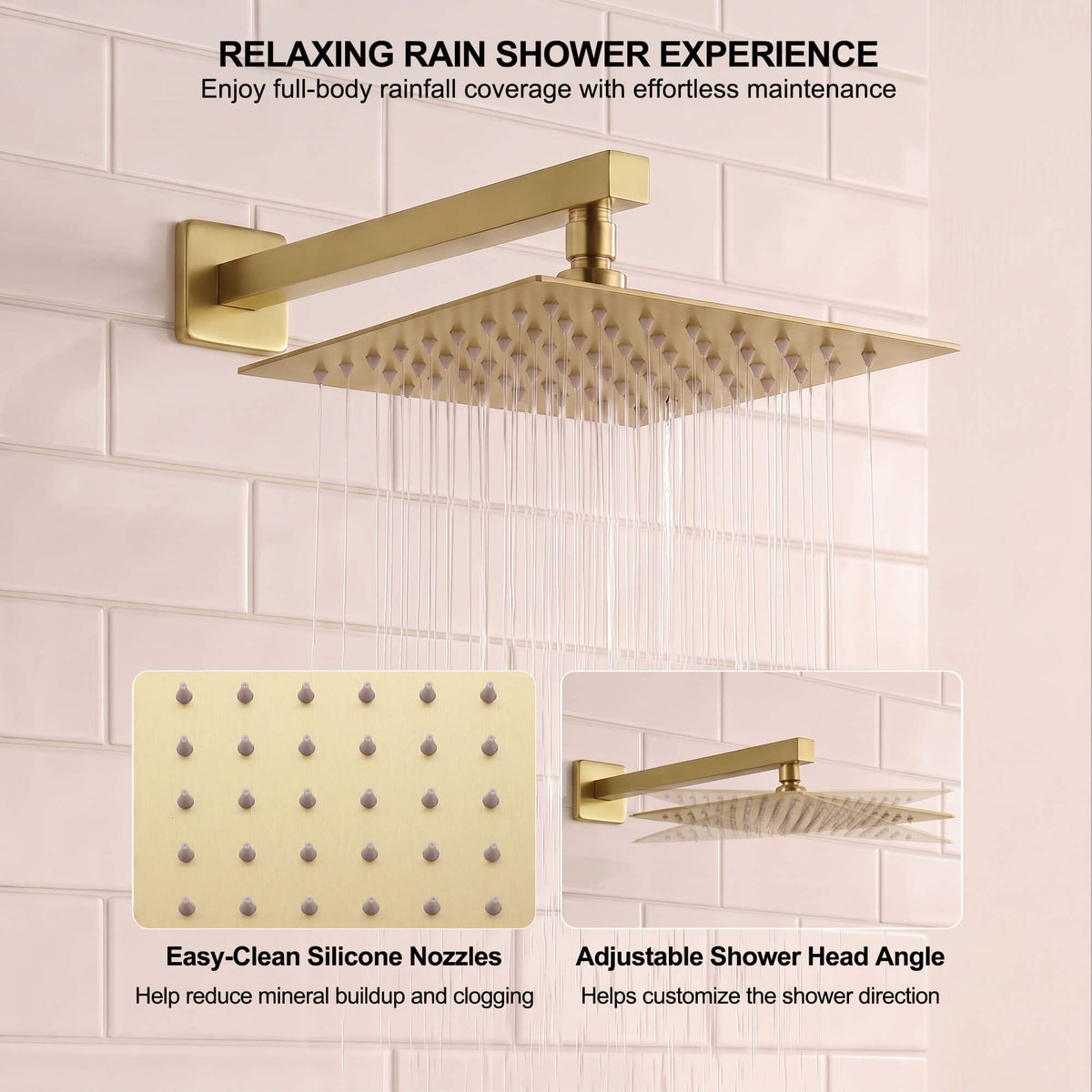 10-inch brushed gold square rain shower head with easy-clean silicone nozzles and adjustable angle