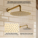 10-inch brushed gold rain shower head with easy-clean silicone nozzles and adjustable shower head angle