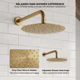 10-inch brushed gold rain shower head with easy-clean silicone nozzles and adjustable shower head angle