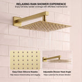 10-inch brushed gold square rain shower head with easy-clean silicone nozzles and adjustable angle