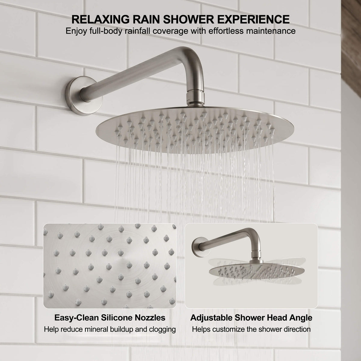 10-inch brushed nickel rain shower head with easy-clean silicone nozzles and adjustable shower head angle