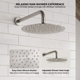 10-inch brushed nickel rain shower head with easy-clean silicone nozzles and adjustable shower head angle
