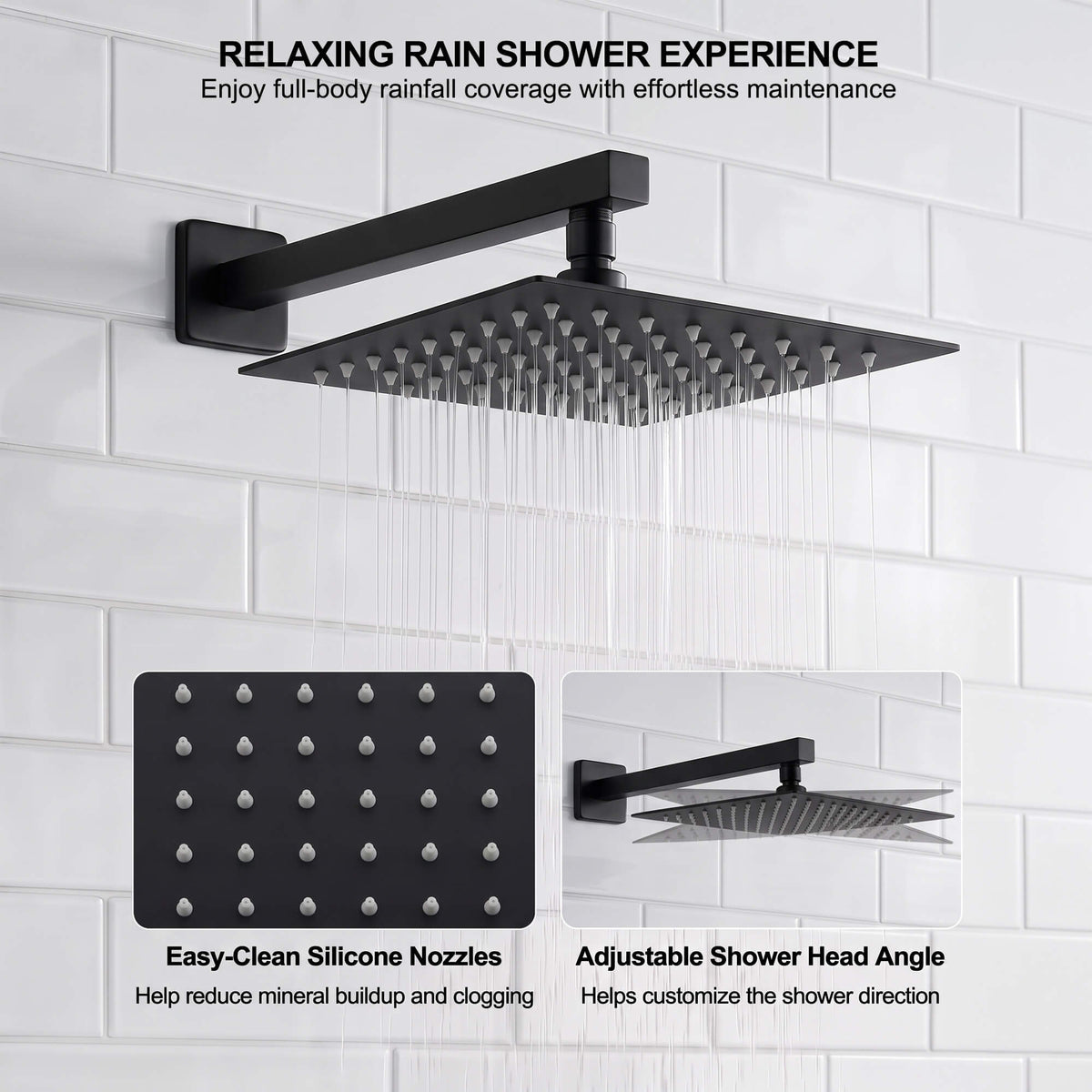 10-inch matte black square rain shower head with easy-clean silicone nozzles and adjustable angle