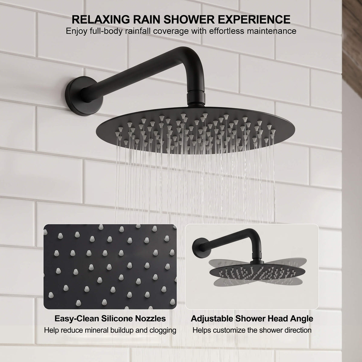 10-inch matte black rain shower head with easy-clean silicone nozzles and adjustable shower head angle