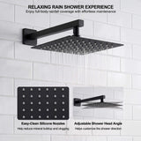 10-inch matte black square rain shower head with easy-clean silicone nozzles and adjustable angle