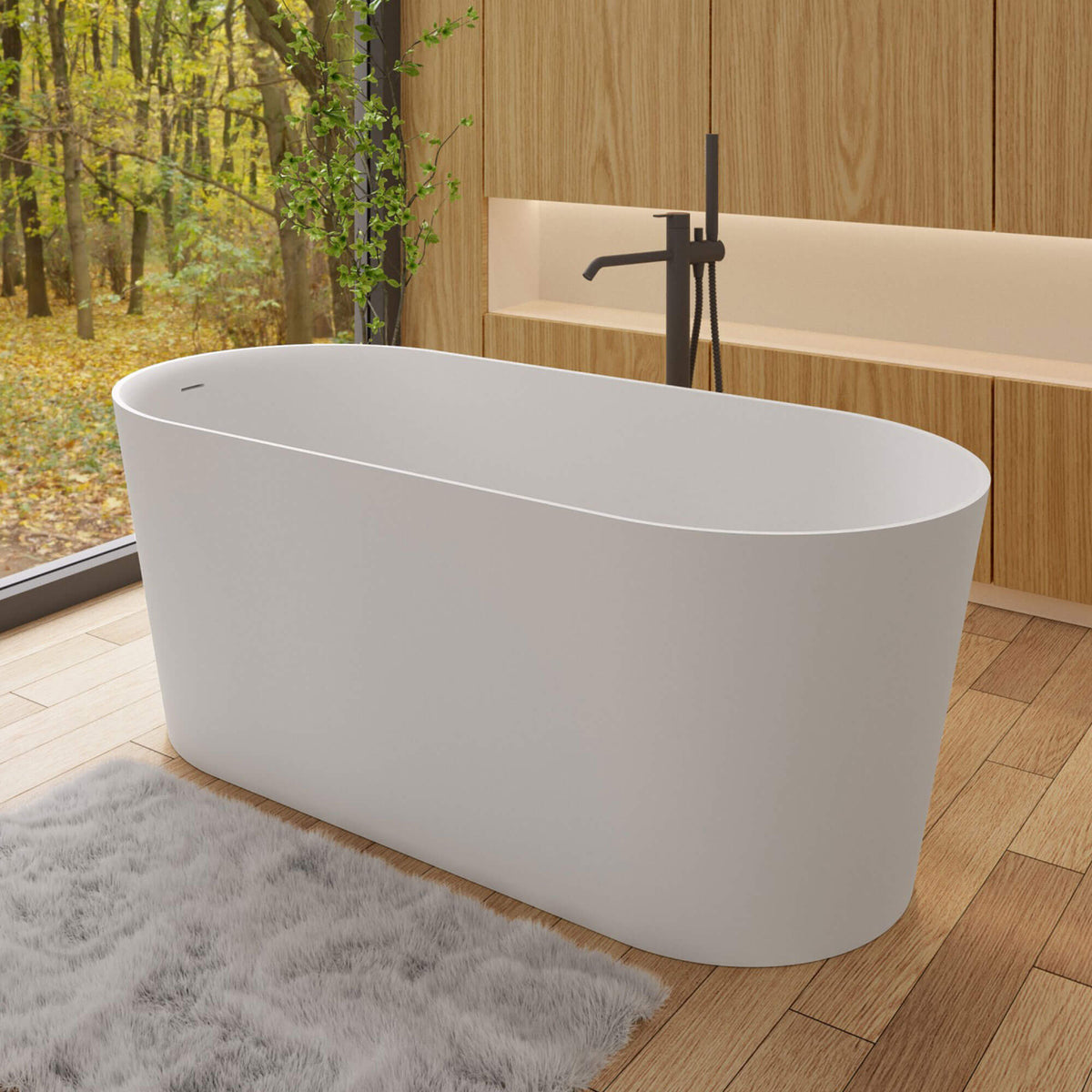 Oval Stone Resin Soaking Tub in Matte White with Drain & Overflow