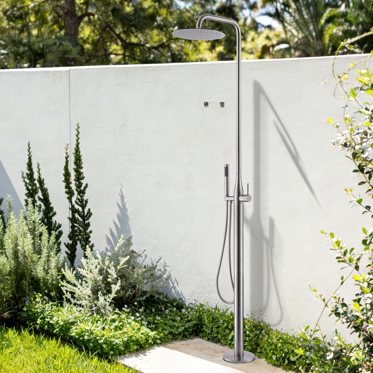 Freestanding Stainless Steel Outdoor Shower for Poolside with Handheld Shower & Drench Head