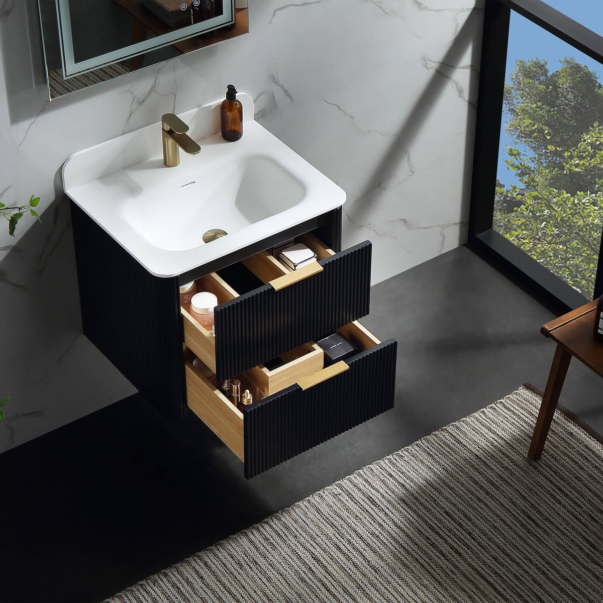 24-Inch Fluted Floating Bathroom Vanity with Integrated Sink & 2 Drawers