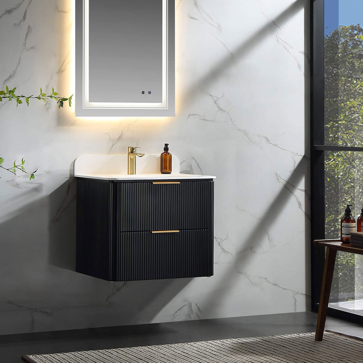 24-Inch Fluted Floating Bathroom Vanity with Integrated Sink & 2 Drawers