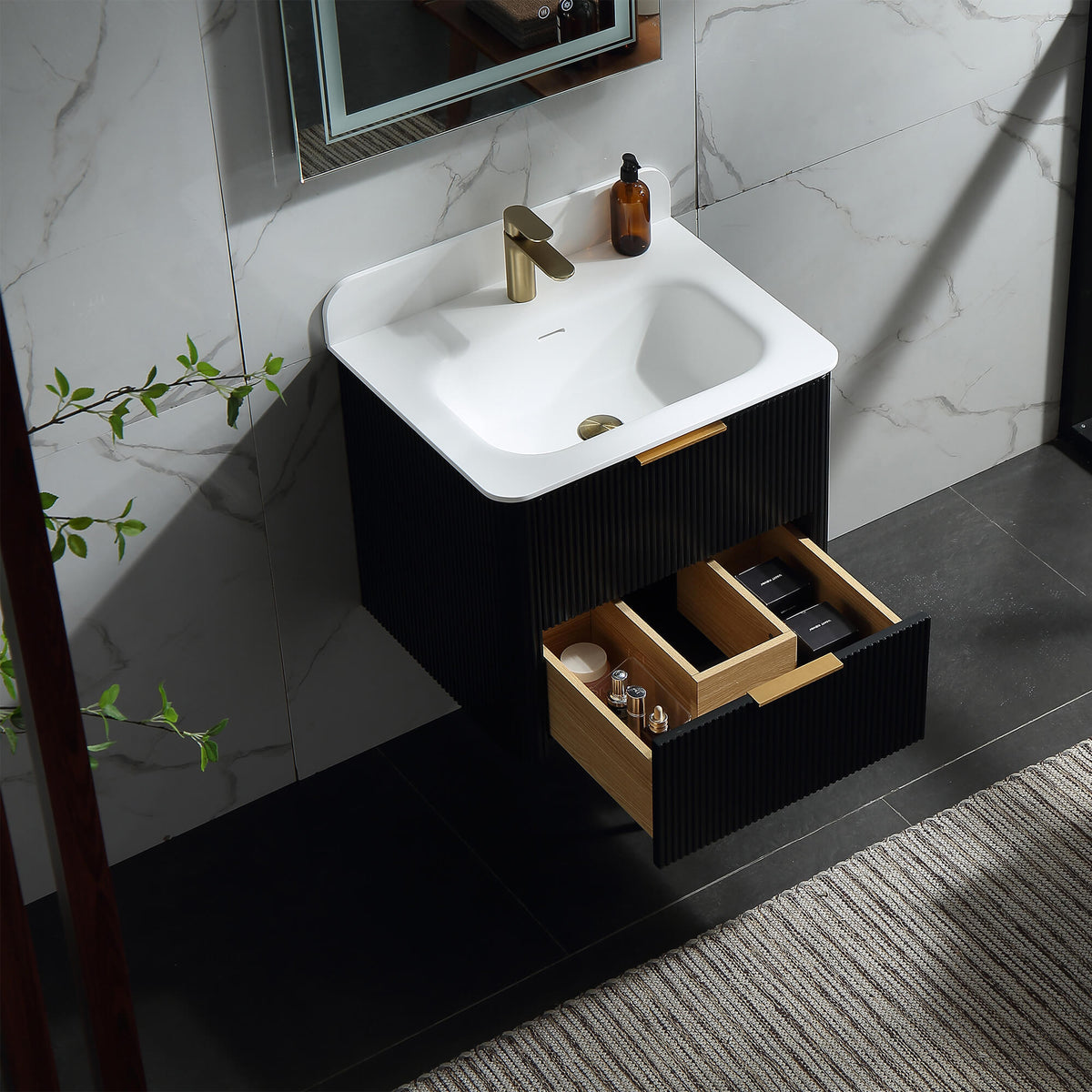 24-Inch Fluted Floating Bathroom Vanity with Integrated Sink & 2 Drawers