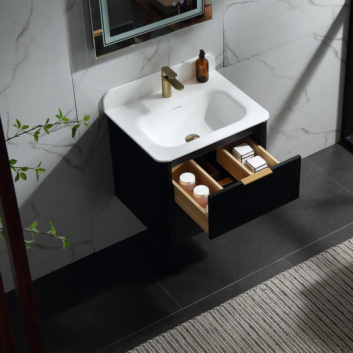 24-Inch Fluted Floating Bathroom Vanity with Integrated Sink & 2 Drawers