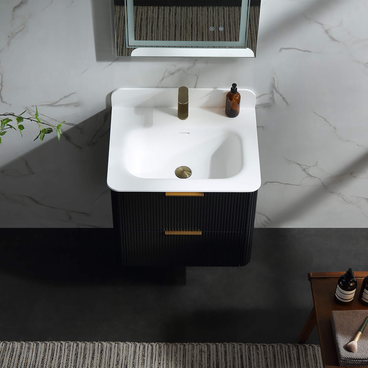 24-Inch Fluted Floating Bathroom Vanity with Integrated Sink & 2 Drawers