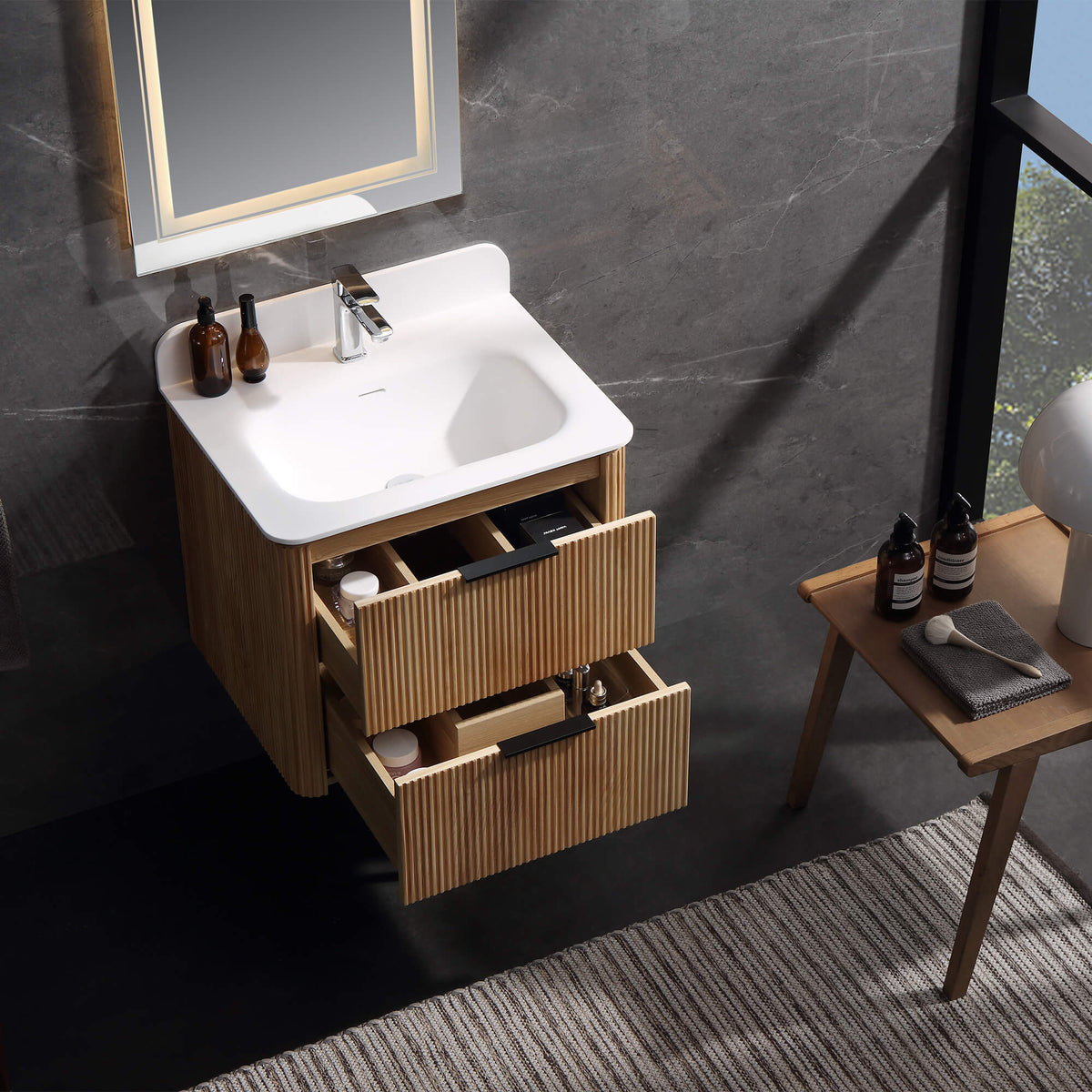 24-Inch Fluted Floating Bathroom Vanity with Integrated Sink & 2 Drawers
